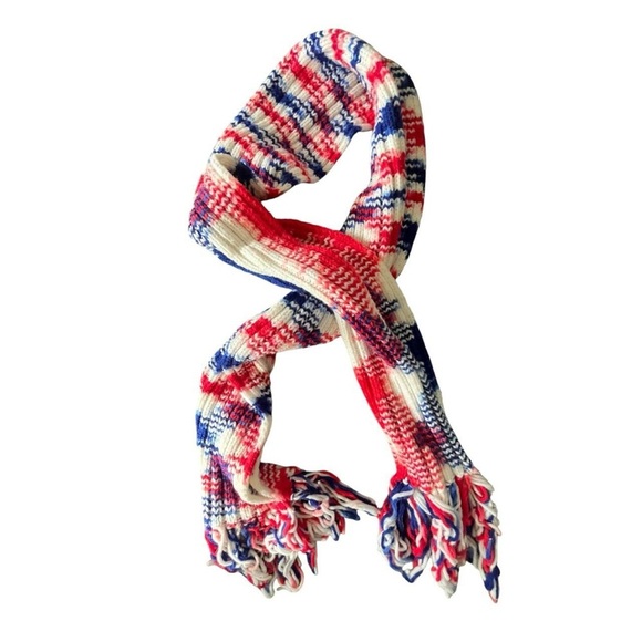 Red, white, and blue striped knit scarf with fringe #winteraccessories - Picture 1 of 3